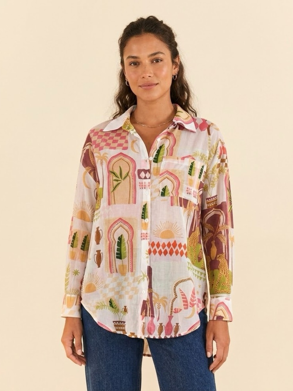 Peach Love California Printed Button Down Shirt Tropical Arch Pattern Small